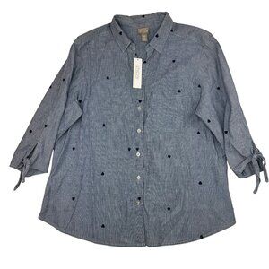 Chico's Lotta Love Navy Striped Hearts detail 3/4 sleeve chambray top Women sz 3